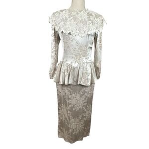 Vtg Jessica McClintock Dress 8 Cream Floral Jacquard Victorian Lace Peplum 80s